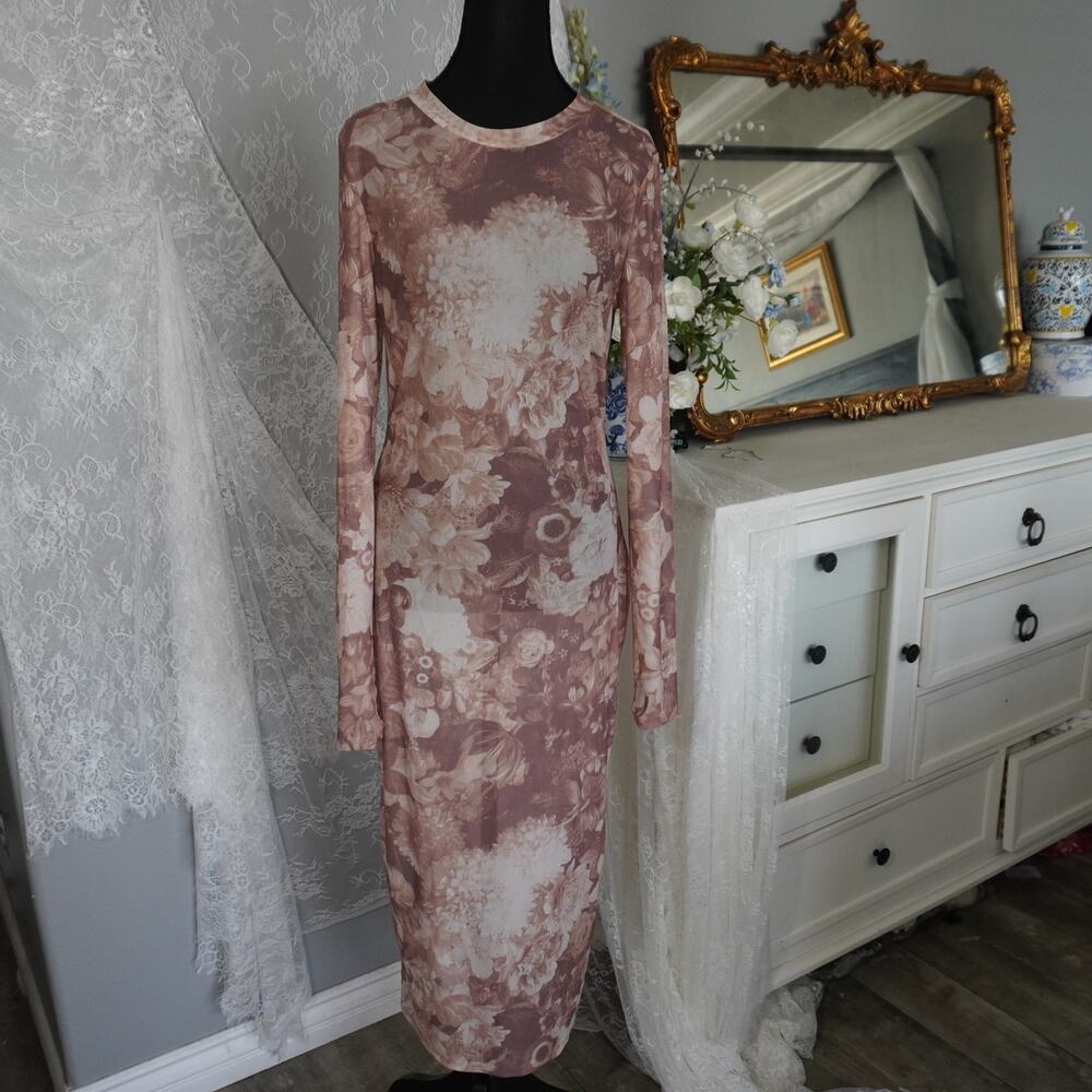 Rust floral mesh overlay fitted midi dress